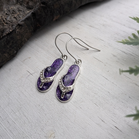 Silver-Tone Purple Glitter Flip Flop Drop Earrings - Picture 3 of 5